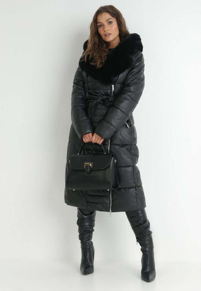 Daunenmantel Hochwertiger Warmer Mantel Mit Kapuze Winddicht Leicht Gefüttert Für Den Winter in elegantem Schwarz mit Gürtel