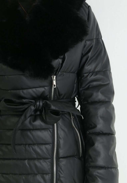 Daunenmantel Hochwertiger Warmer Mantel Mit Kapuze Winddicht Leicht Gefüttert Für Den Winter in Schwarz mit Gürtel und Kunstfellkragen