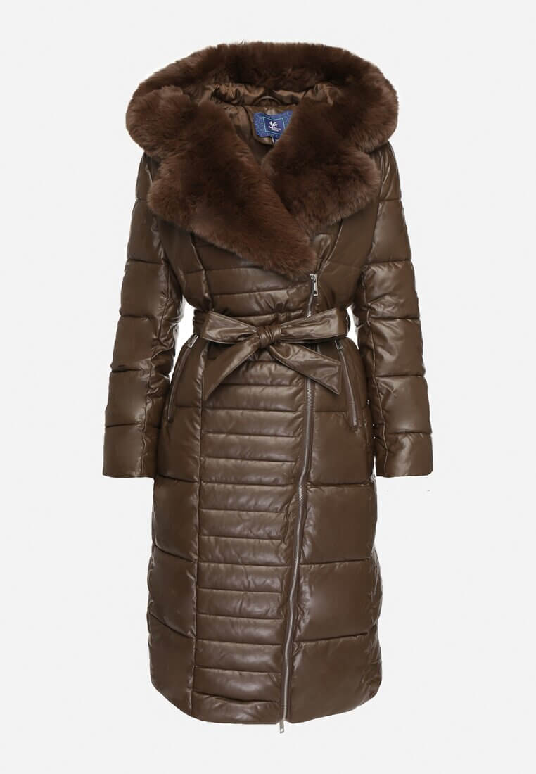 Daunenmantel Hochwertiger Warmer Mantel Mit Kapuze Winddicht Leicht Gefüttert Für Den Winter in elegantem Braun mit Gürtel.