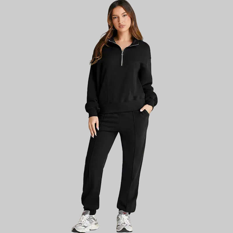 Shiying Herbst Winter Neues Einfarbiges Sportliches Damen Set in Schwarz mit Basic Longsleeve Damen für modernes Outfit