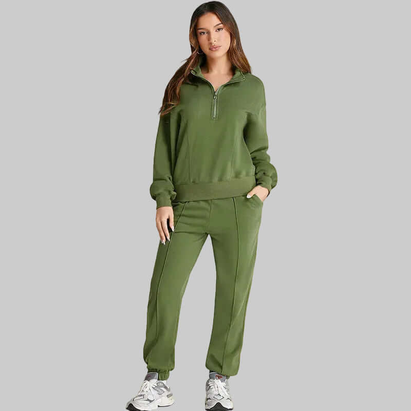 Shiying Herbst Winter Neues Einfarbiges Sportliches Damen Set in Olivgrün mit bequemem Sweatshirt und Hose.