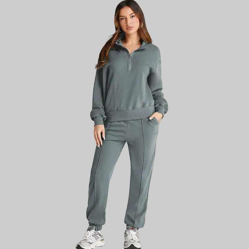 Shiying Herbst Winter Neues Einfarbiges Sportliches Damen Set in trendigem Grauton mit sportlicher Passform für Damen.