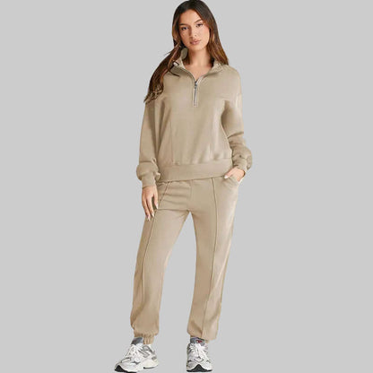 Shiying Herbst Winter Neues Einfarbiges Sportliches Damen Set in beige mit Basic Longsleeve Damen und sportlichem Look.