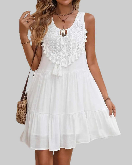 ärmelloses weißes Plus Size Midi Kleid mit U-Ausschnitt und Spitze