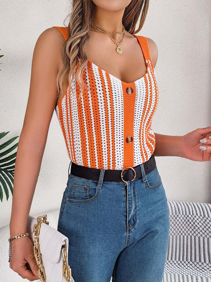 V Ausschnitt Stricktop Mit Knopfverschluss Farbblock Lochmuster Aus Viskosefaser Sommer Cami Kollektion, orange gestreift