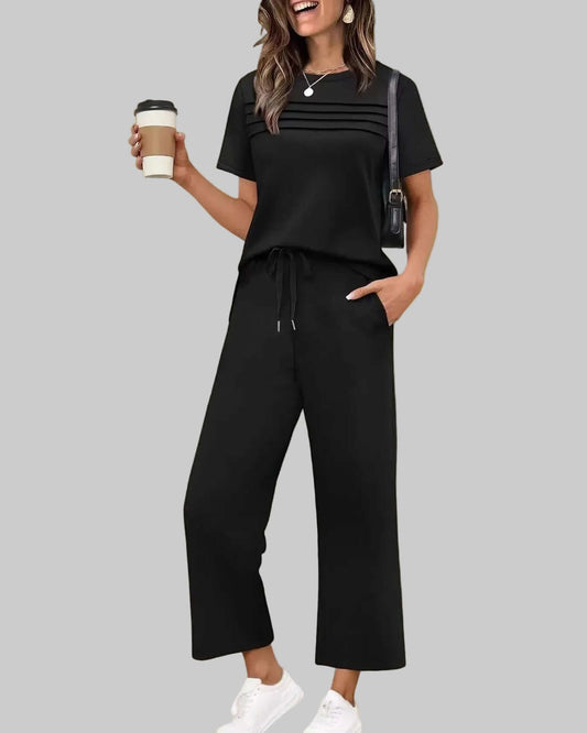Zweiteiliges Sommeroutfit Für Reise Und Urlaub Mit Kurzarm Casual Set in Schwarz, lässig für Damen, perfekt für den Urlaub.